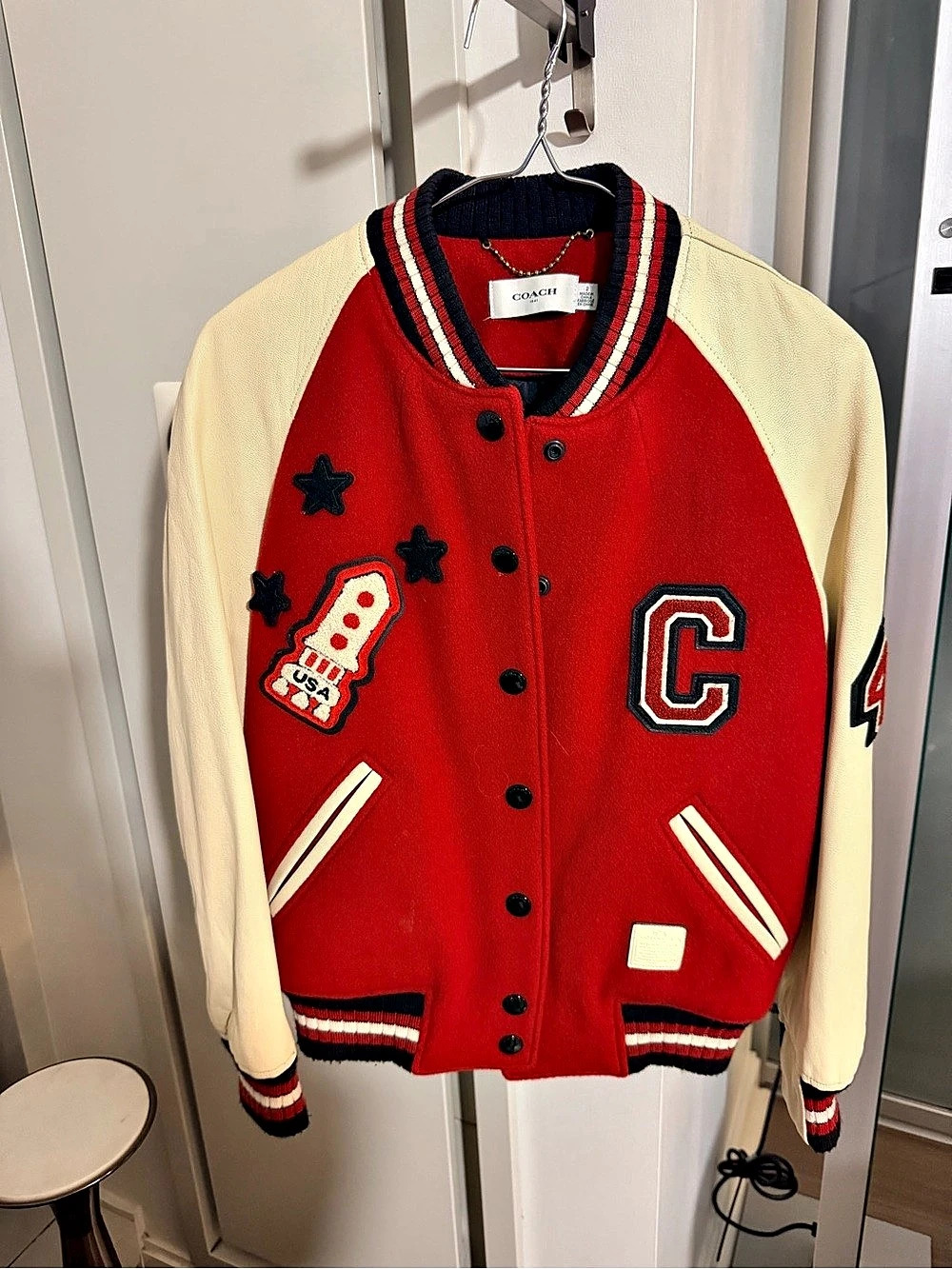 COACH Color Block Varsity Jacket 57016 Size 2 - Red/Ivory/Black